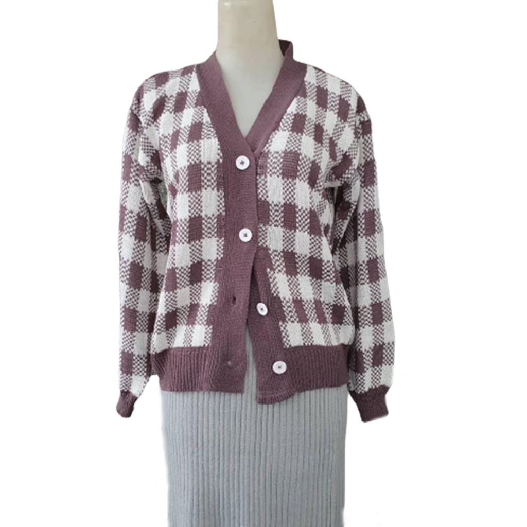 Vallina Plaid Knit Cardigan | Outer Rajut Kotak Kardigan Muslim Wanita Korean Style-4