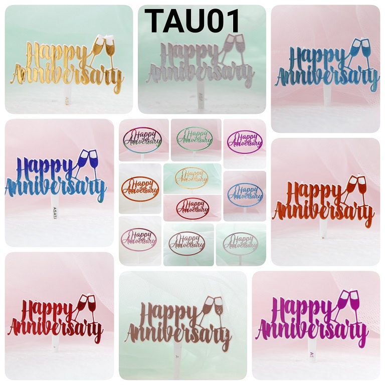 TAU01 Cake cupcake topper kue happy wedding anniversary emas merah ijo (TULISAN) papaya balon