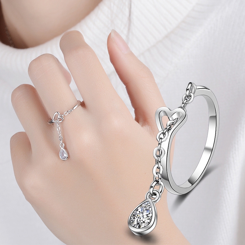 Cincin Open Ring Adjustable Desain Tetesan Air Hollow Hias Kristal / Berlian Imitasi untuk Wanita