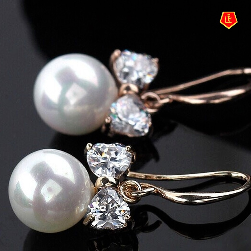 [Ready Stock]Women's Bow Pearl Diamond Earrings Small and Cute