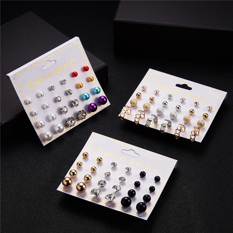 [✅READY STOCK] 12 Pasang/1 Set Anting Tusuk Model Mutiara Intan Bentuk Bulat Gaya Korea Untuk Wanita premium earring hadiah kado