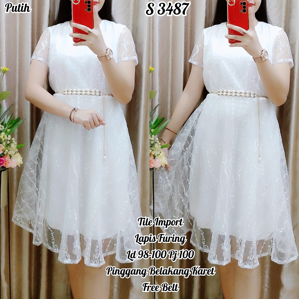 STYLE 3487. DRESS+BELT TILE PUTIH LAPIS FURING LENGAN PENDEK PAKAIAN WANITA MIDI DRESS PREMIUM