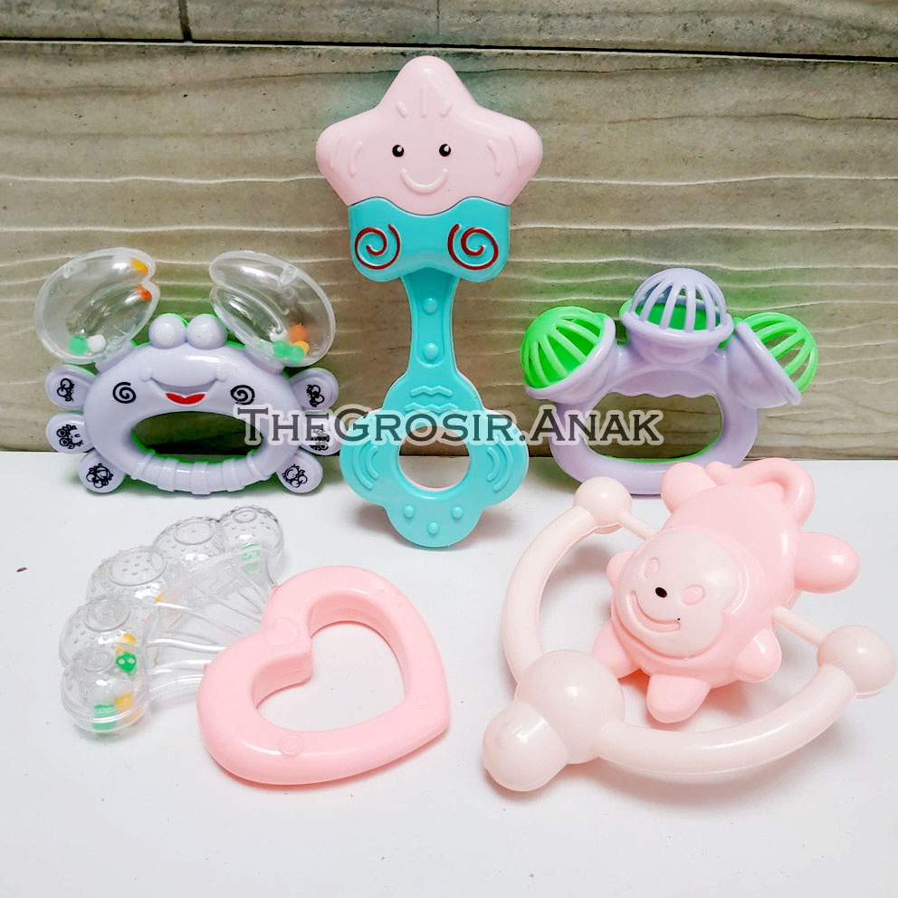 Hand Bell Toys ISI 5 Mainan Bayi Rattles Rattle Kerincingan Bentuk Kepiting Bintang Monyet