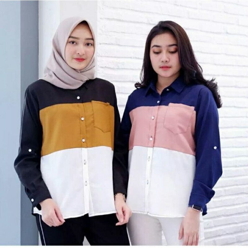 Kemeja Wanita Polos Casual Blouse basic Kombinasi Warna Lengan Panjang Kekinian  Moscrepe 3 warna