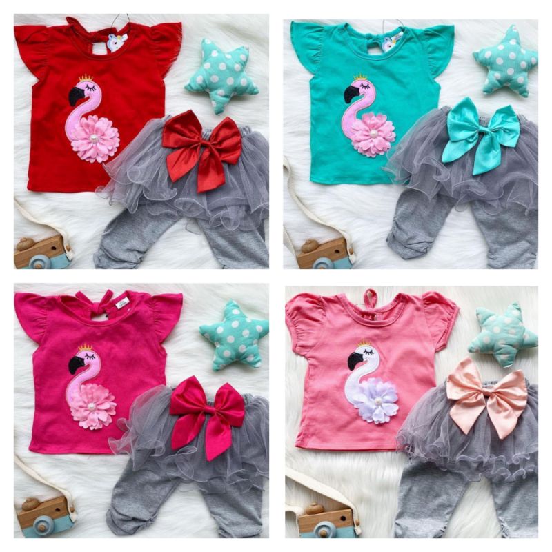 Setelan celana tutu BAYI 3-18 bulan MOTIF FLAMINGO / FLAMINGO tutu suit / BAJU SETELAN ANAK CELANA LEGGING TUTU FLAMINGO TSUM TSUM / SETELAN LEGGING TUTU FLAMINGO FLAMINGGO