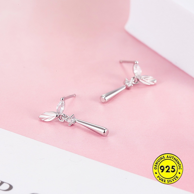 Anting Tusuk Sterling Silver Bentuk Daun Dengan Berlian Imitasi Untuk Wanita