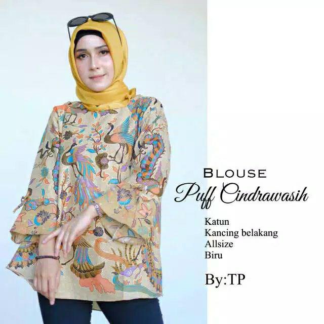 Oribylala Blouse Puff Cindeawasih Murai Blus Batik Seragam Atasan Lengan Puff Lonceng Merak