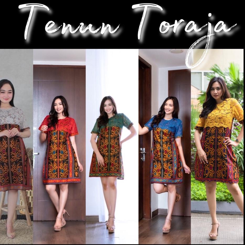 Terbaru.. Dress Brukat Tenun Toraja Batik Songket Troso Brokat Baju Natal Pesta Broklat Modern Pende