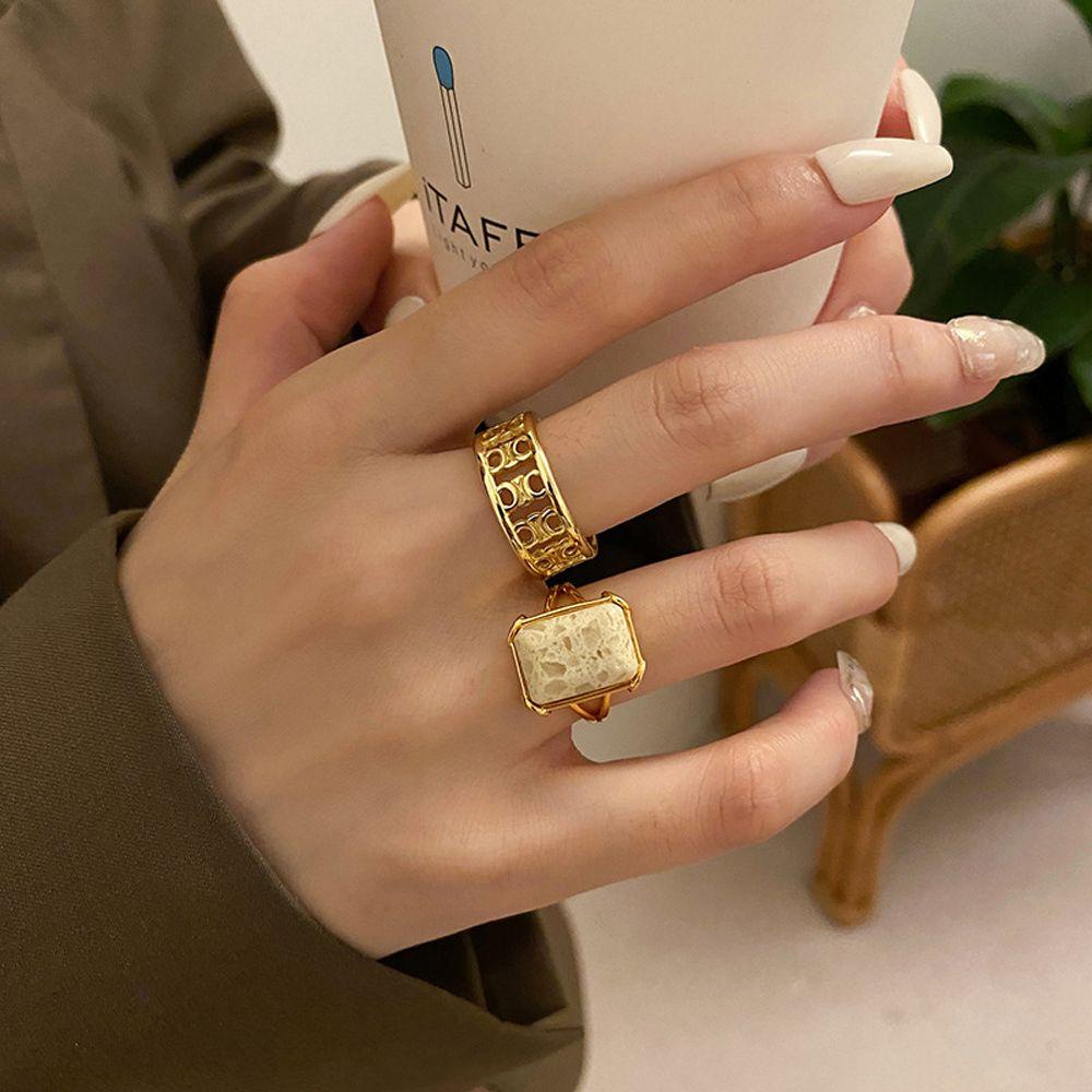 Mxbeauty Wanita Triumphal Arch Cincin Mewah Fashion Berongga Keluar Pola Marmer Square Retro Open Knuckle Ring