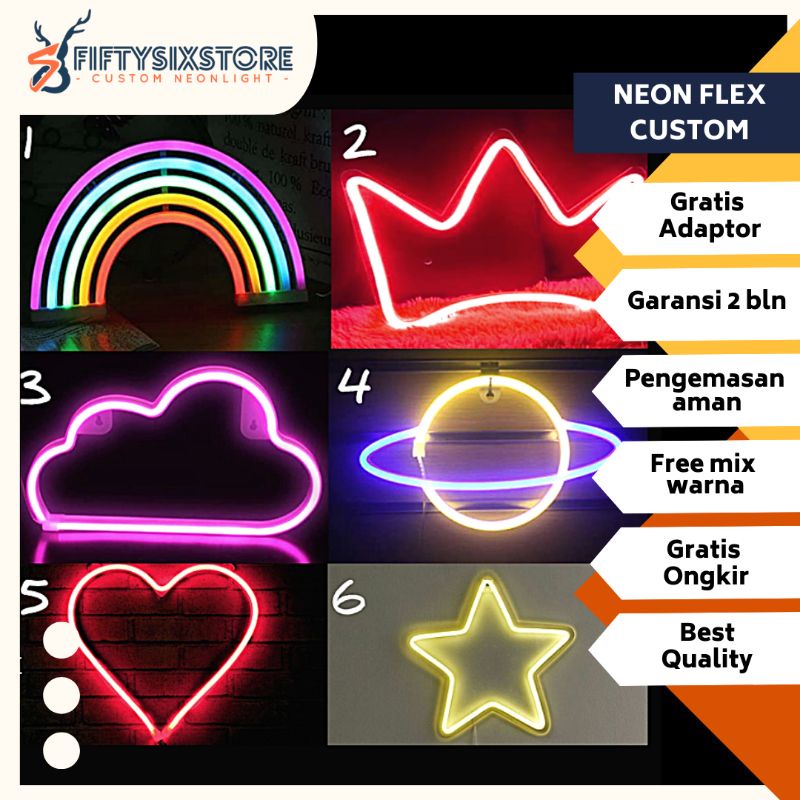 Lampu Hias Neon Flex Custom Love/ Mahkota/ Pelangi/ Planet/ Awan/ Bintang