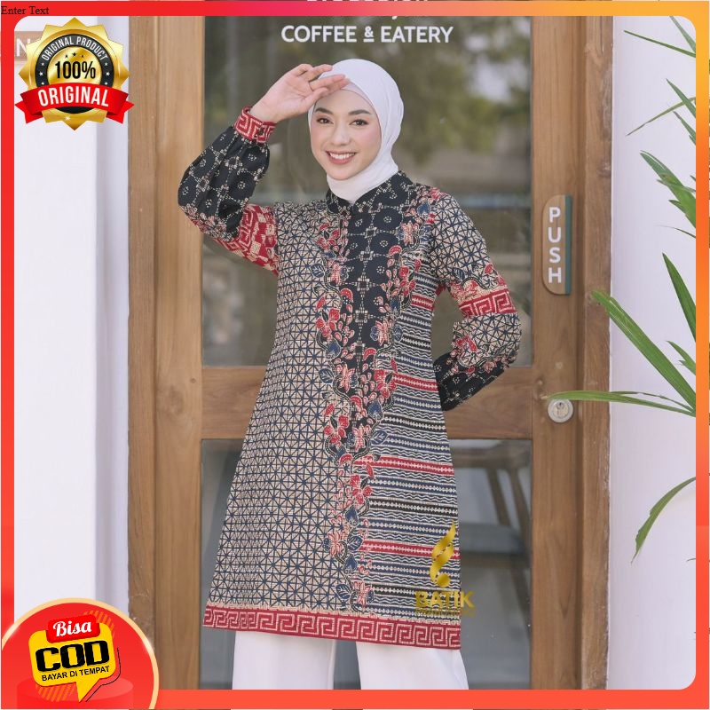 TUNIK MOTIF ANJAR HITAM ATASAN BATIK WANITA LENGAN PANJANG KATUN PRINTING BATIK PRABUSENO ORIGINAL