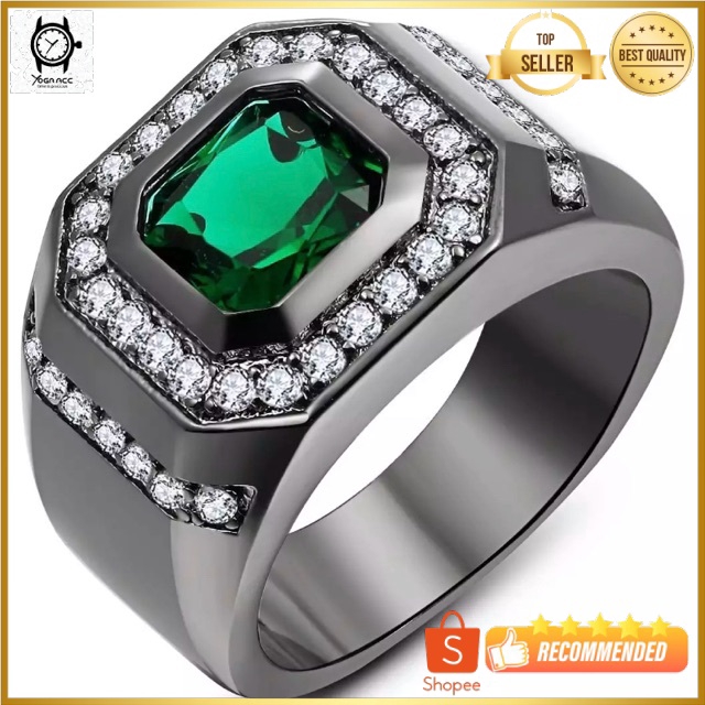 Cincin Pria Akik Zamrud Green Emerald Black Platted Mewah Minimalis Kantoran