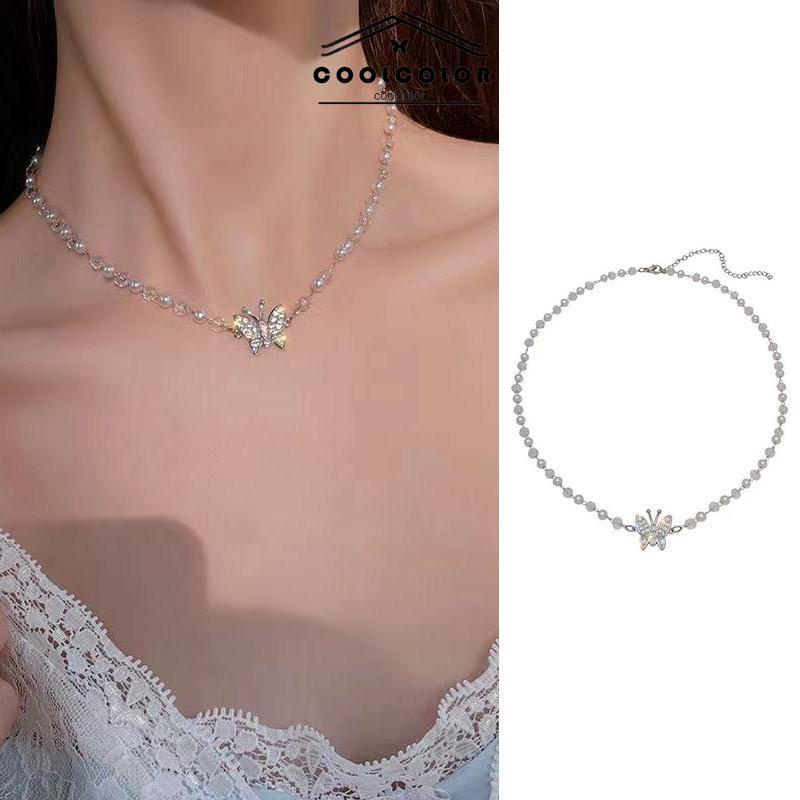 COD❤️Kalung Kupu-kupu Mutiara Wanita Anti Karat Dan Anti Luntur Kalung Hadiah Ulang Tahun Mewah Niche Kalung Rantai Tulang Selangka