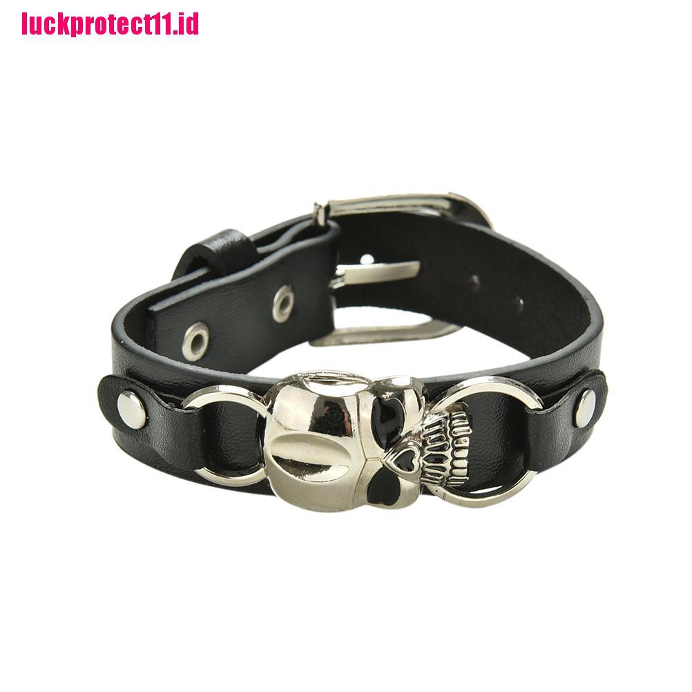 (LUCK) Gelang Tangan Kulit Banyak Lapis Aksen Tengkorak Untuk Pria