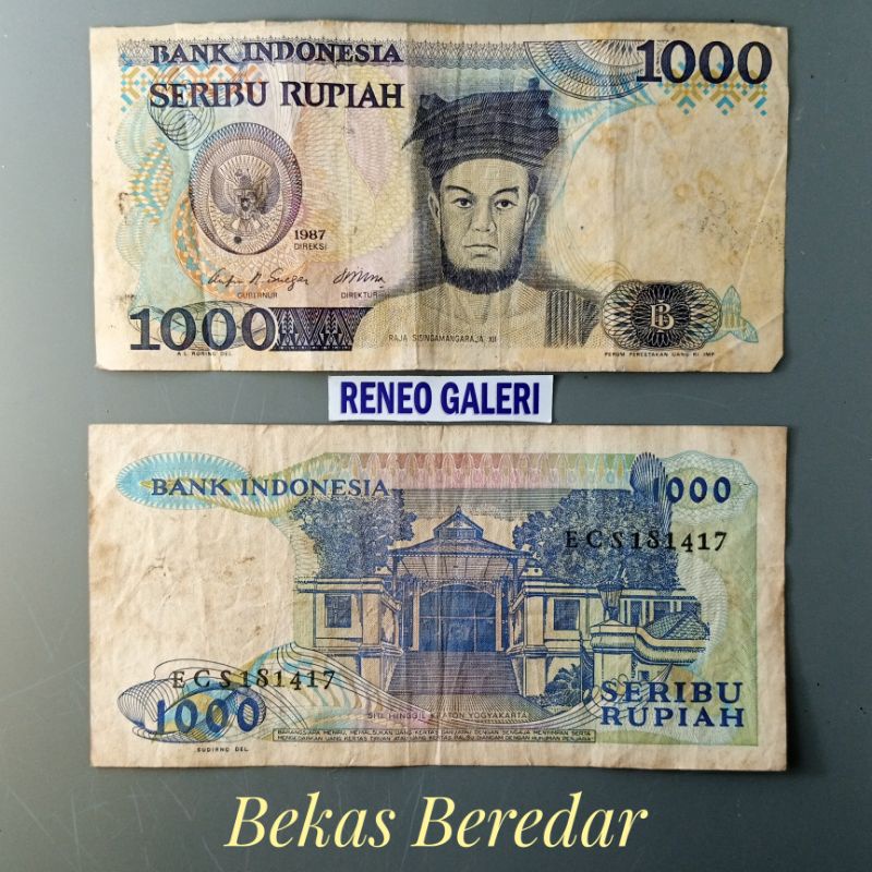 VF Asli Rp 1.000 Rupiah tahun 1987 Sisingamangaraja uang kertas kuno duit 1000 jadul lama lawas antik Indonesia