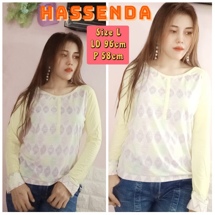 HASSENDA size L Baju wanita atasan cream lengan Panjang pakaian kaos tshirt kuning original branded 