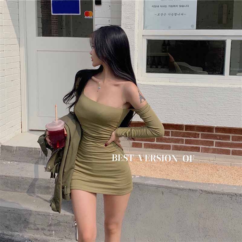 midi dress korea hitam seksi lengan panjang hip dress rok ketat rok wanita