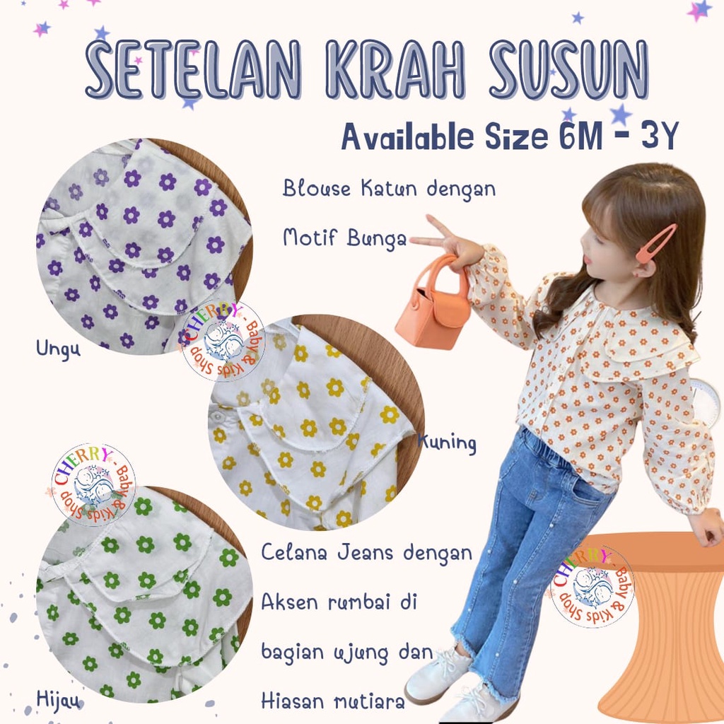 Setelan Jeans Krah Susun Bunga 6M - 3Y Setelan Blouse Katun Celana Jeans Anak Perempuan Fashion Import High Quality CBKS