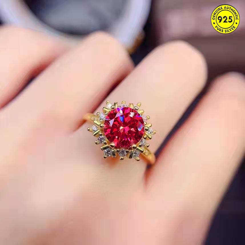 Cincin Emas Korundum Merah 5 Karat Desain Snowflake Hias Berlian Imitasi Untuk Wanita