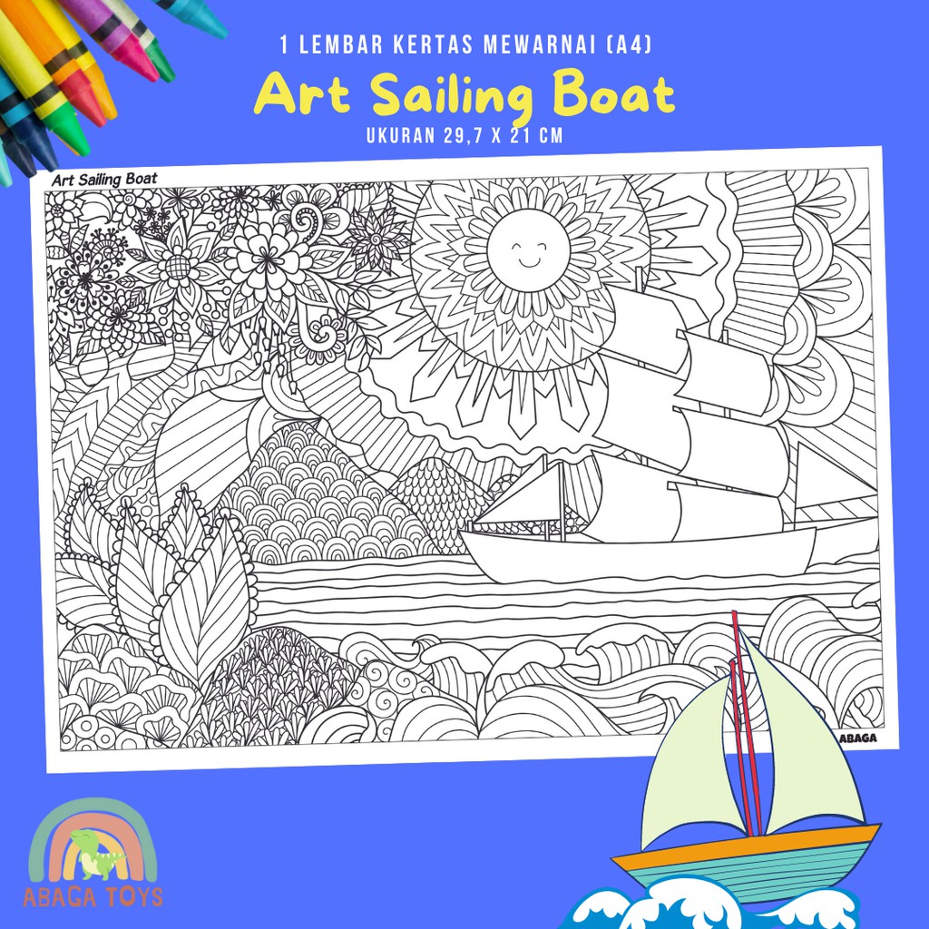 (Min Order 10Pcs) Kertas Gambar Mewarnai A4 - Latih Imajinasi, Kreativitas, Eksplorasi Warna (Coloring Page)-Art Sailing Boat