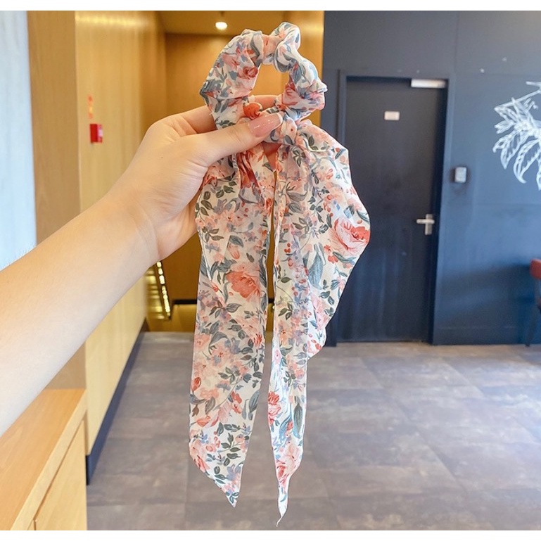 Ikat Rambut Karet Scrunchie Panjang untuk Wanita Korea Motif Bunga Bahan Halus Dalika