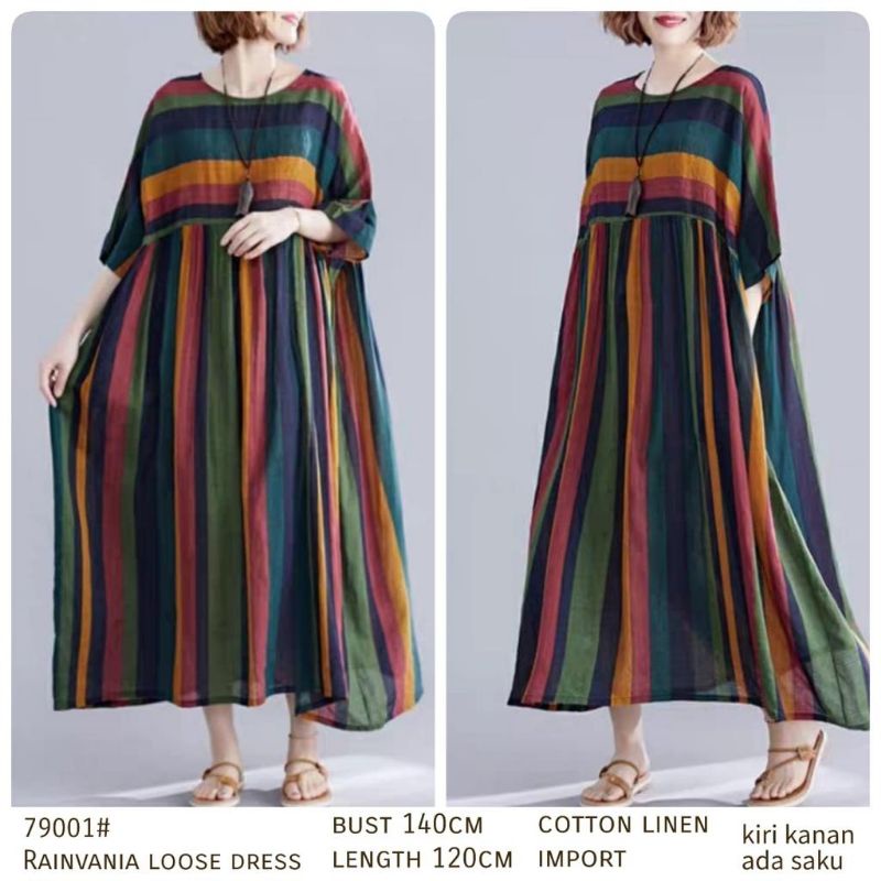 MDLV ~ 79001# Rainvania Loose Dress Big Size Dress Oversize Dress Garis Dark Collor Dress Maxi Fashion Import