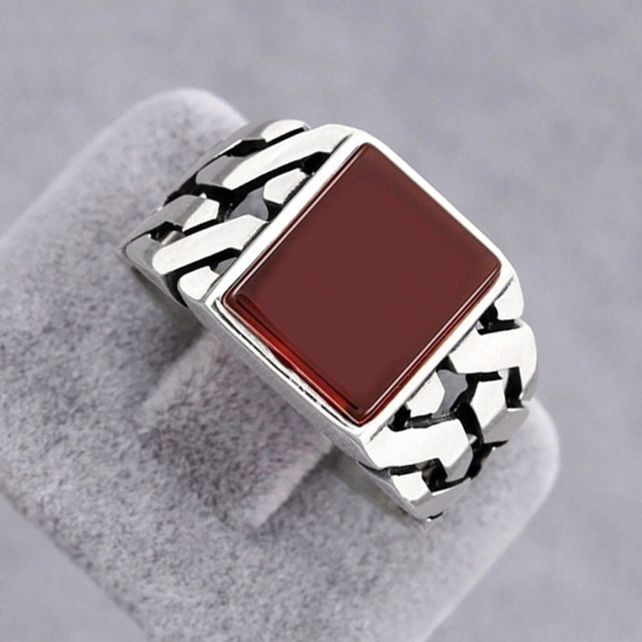 Cincin Baja Titanium Perak Antik Batu Akik Merah Perhiasan Fashion Pria Punk Pertunangan Pernikahan Rings