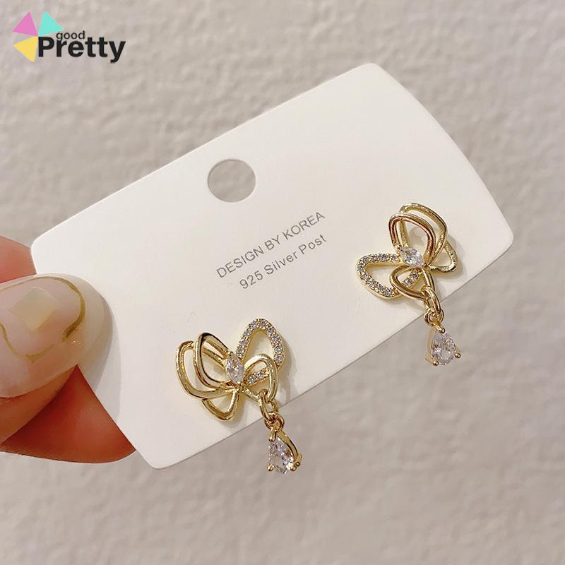 Gaya Korea Kupu-kupu Mutiara Kristal Anting-Anting Fashion Sederhana Anting Busur Elegan Perhiasan Aksesoris - PD - PD