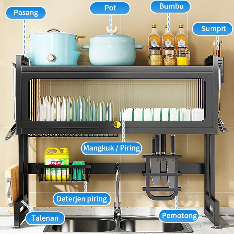 Rak Piring Wastafel Dapur Stainless Steel Multi-fungsi Dengan Penutup