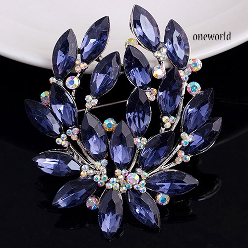 OW@ Women Sapphire Blue Flower Brooch Pin Zircon Glass Alloy Wedding Party Jewelry