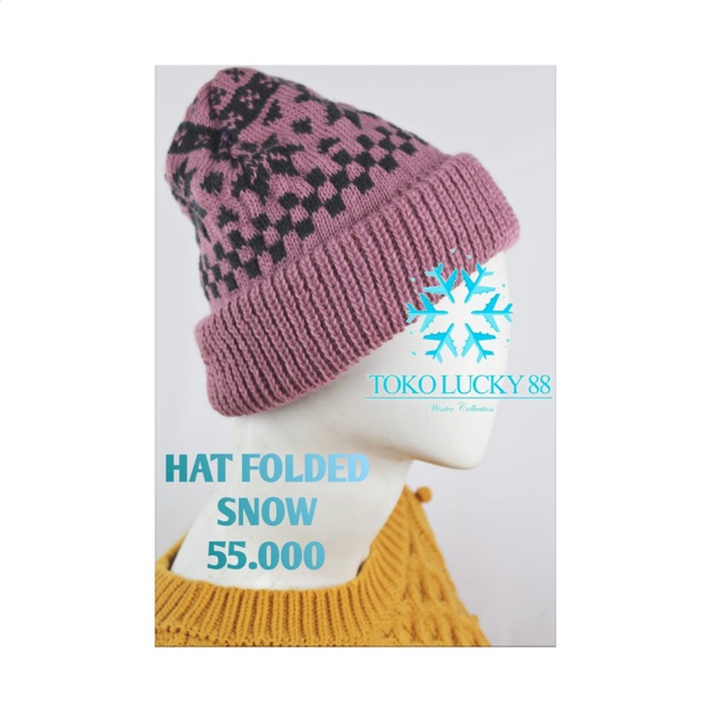 Topi Kupluk Rajut Wool Black Pink Hat Beanie Infinity Folded Snow