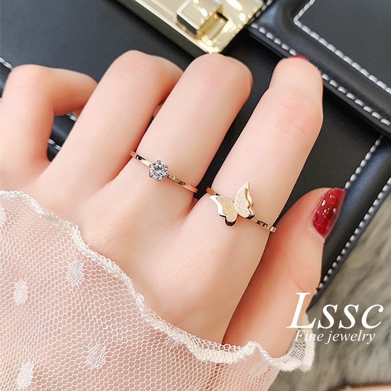 Cincin Titanium Wanita Kupu 1 Karat Berlian Lapis Emas 18K Anti Karat Korea Perhiasan