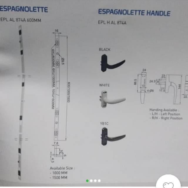 1000mm espangnolette handle dekson EPL H AI 874A ESPANYOLET ALMUNIUM - PUTIH KANAN