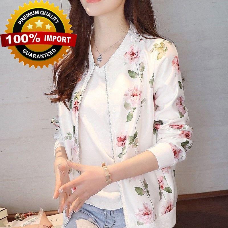 Jaket Sifon Tipis Wanita Motif Floral Resleting Depan Original Import