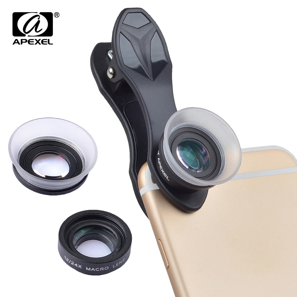 APEXEL 2 in 1 Lensa Kamera Smartphone Super Macro Lens Kit 12x/24x - APL-24XMH - Black