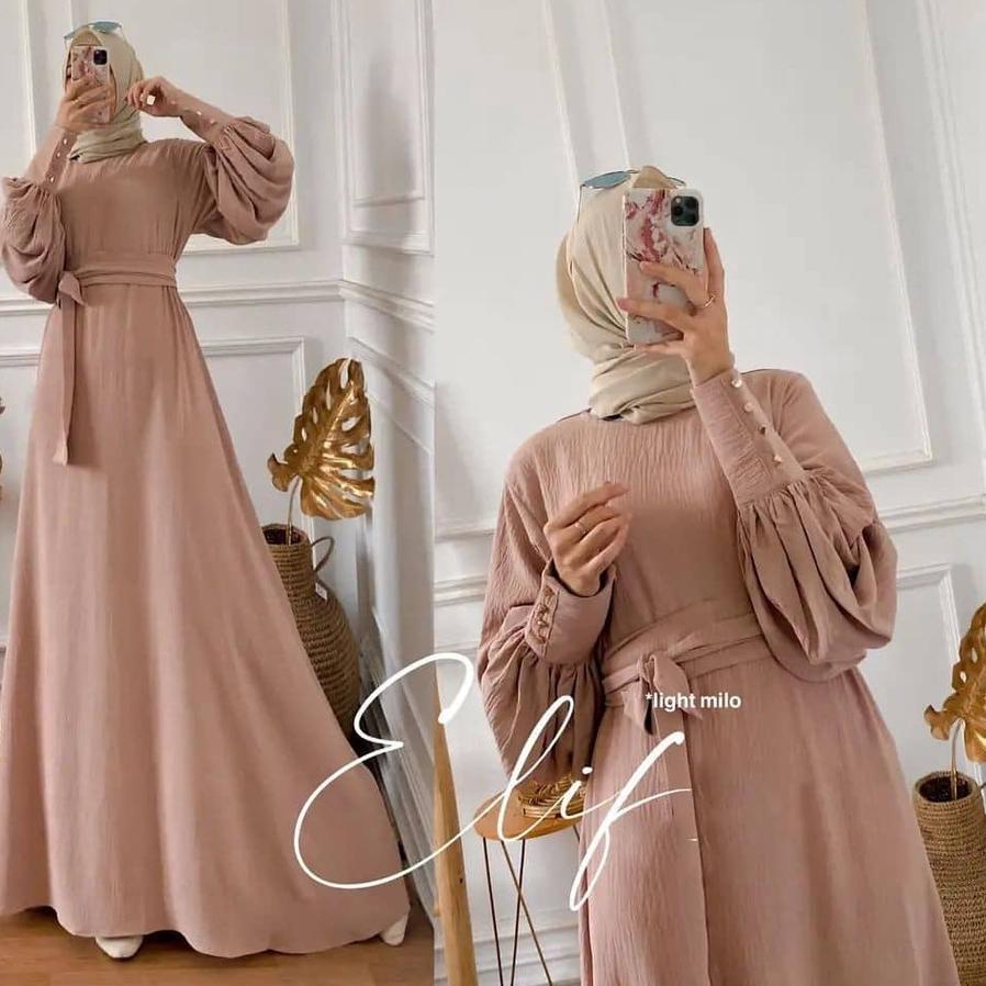 ☄ Elif Dress / Dress Muslim Matt Airflow Crincle Polos / Gamis Lengan Balon Kekinian / EF ✻