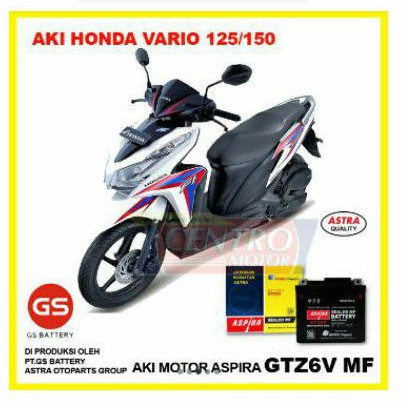 AKI VARIO 125 ASPIRA GTZ6V,Produksi GS BATTERY, ASTRA OTOPARTS.AKI VARIO125/150,KLX150,CBR150