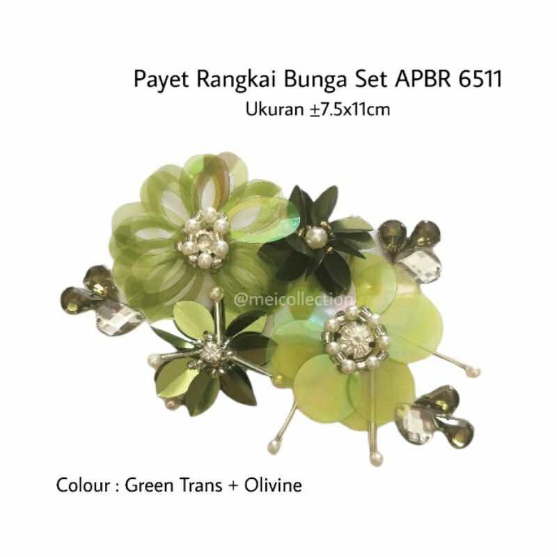 payet bunga 3d rangkai APBR 6511 sequin permata sage green hijau 7cm 11cm aplikasi dada pinggang