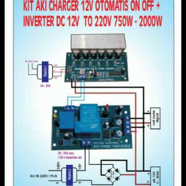 kit aki charger maxpro 8 + kit inverter mp 750 ( modul ups )
