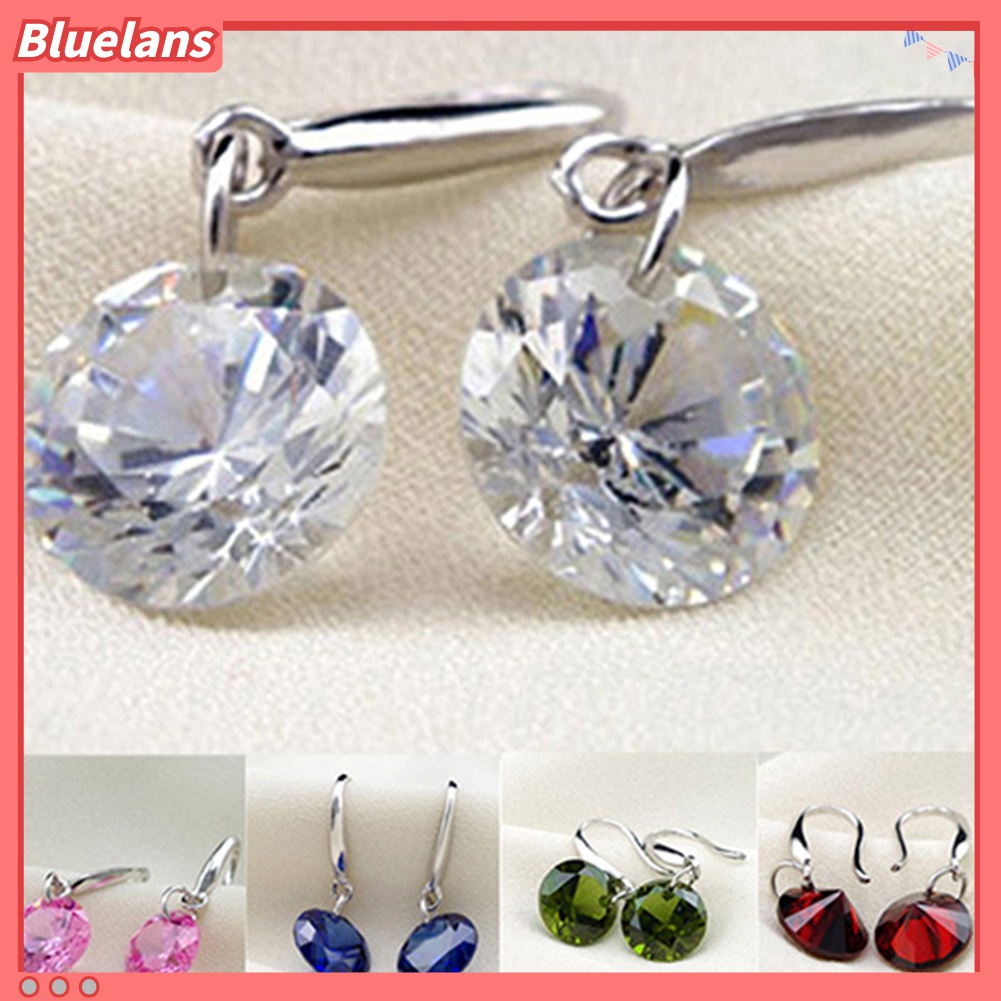 Anting Hook Silver Plated Bentuk Bulat Aksen Berlian Imitasi Untuk Wanita