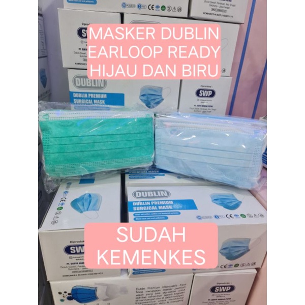 masker earloop dublin ready warna hijau dan biru sudah kemenkes isi 40 tebal nyaman