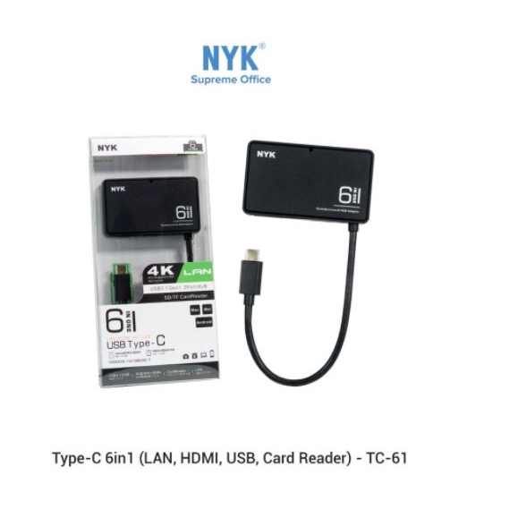 Type-c to hdmi rj45 lan usb 3.0 tf sd card reader converter nyk 6in1 hub 4k 5gbps tc-61 tc61