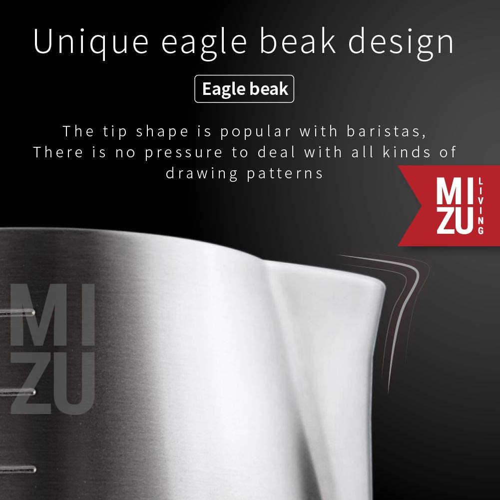 MIZU PICHET 900ml Milk Frothing Jug With STEELSCALE Latte Art Pitcher 304 Stainless Steel