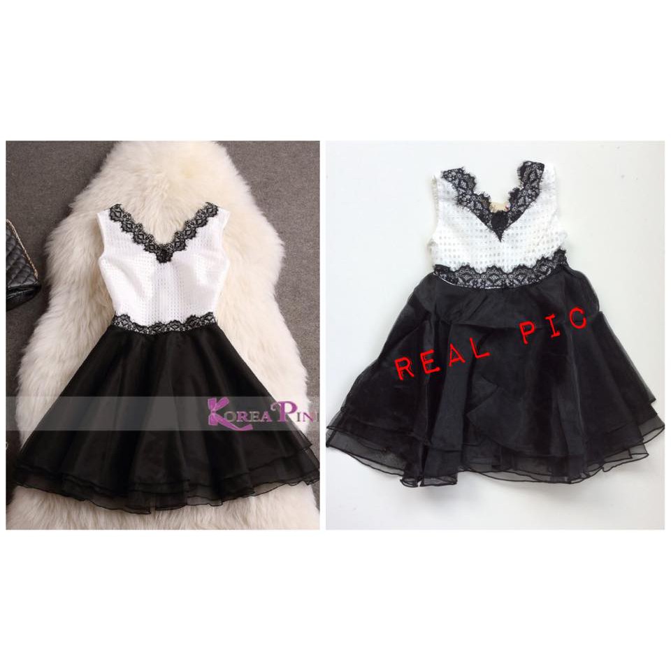 Korea Pink Dress V-Neck Black