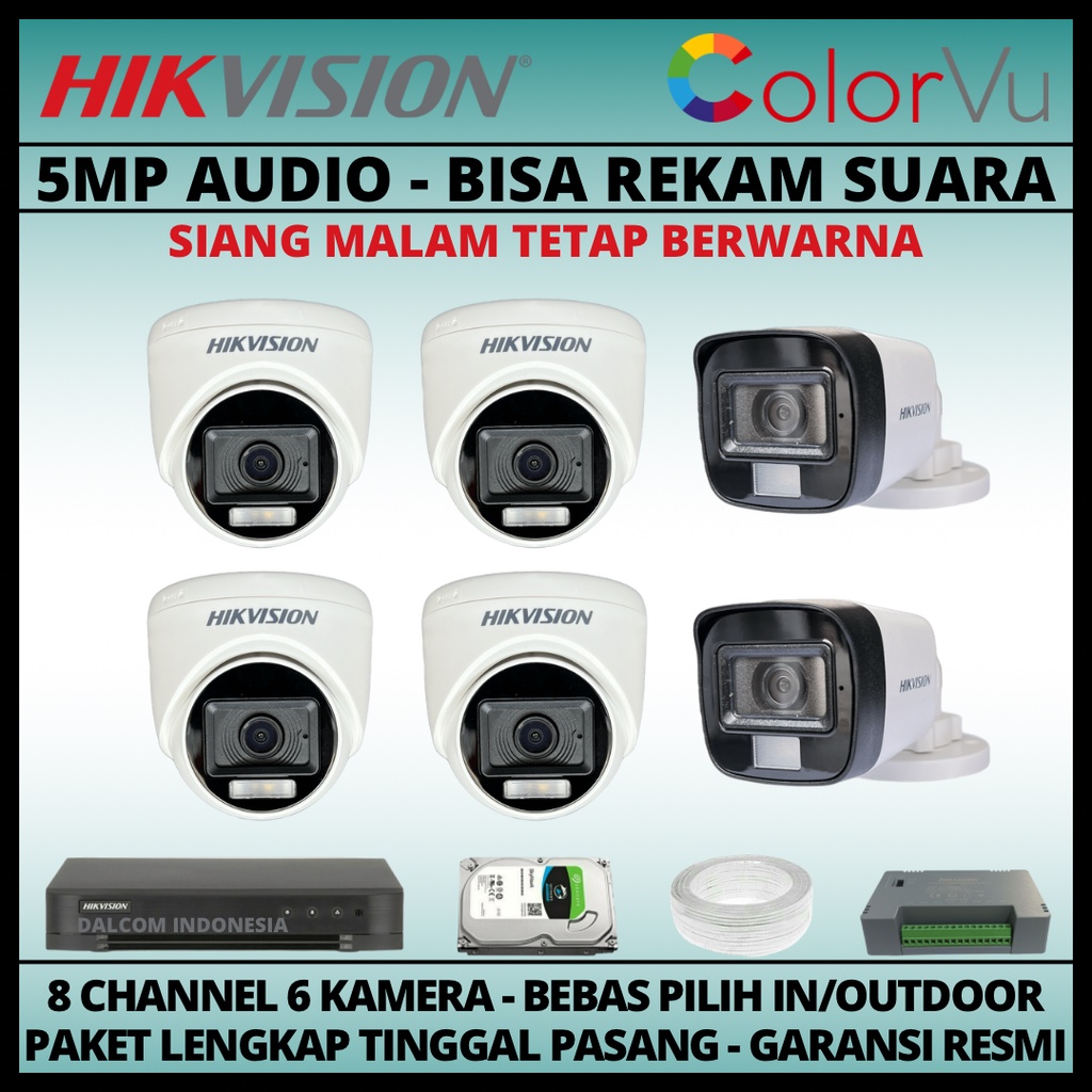 PAKET CCTV HIKVISION COLORVU 5MP 8 CHANNEL 6 KAMERA COLORFUL