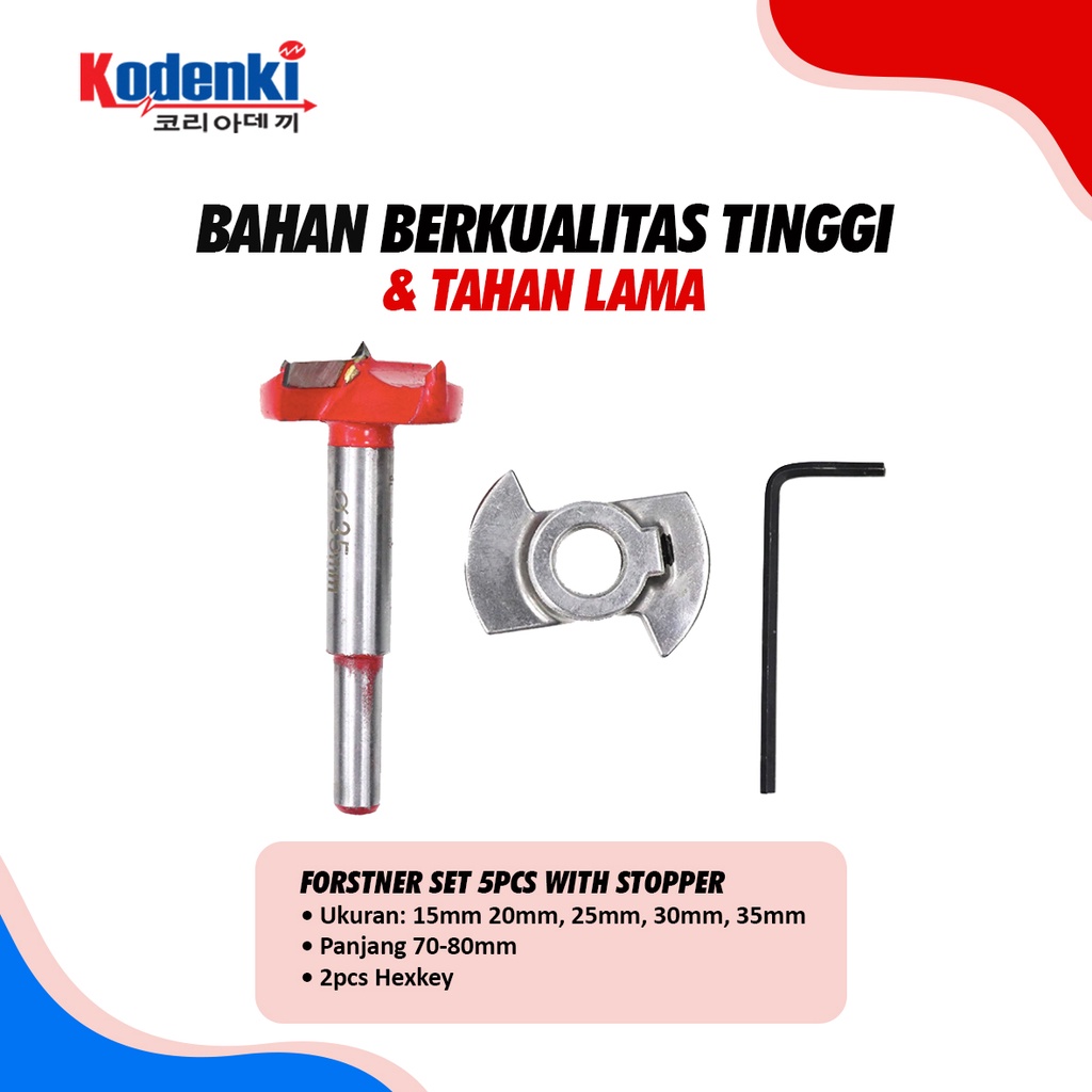 KODENKI FS202 STOPPER Mata Bor Engsel Sendok Set 5 Pc Forstner Bit TCT Holesaw Kayu Hole Saw