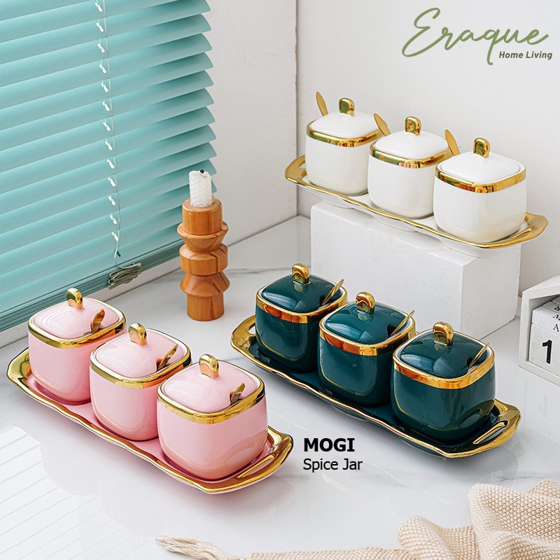 Mogi Spice Jar A / Toples Tempat Penyimpanan Bumbu Dapur Keramik Set Putih Pink Gold Emas Elegan Mew