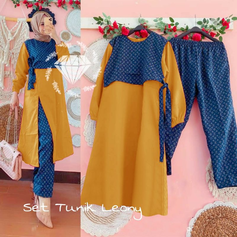 SET TUNIK CELANA LEONY, MOSCREPE, GAMIS HIJAB MUSLIM, SETELAN