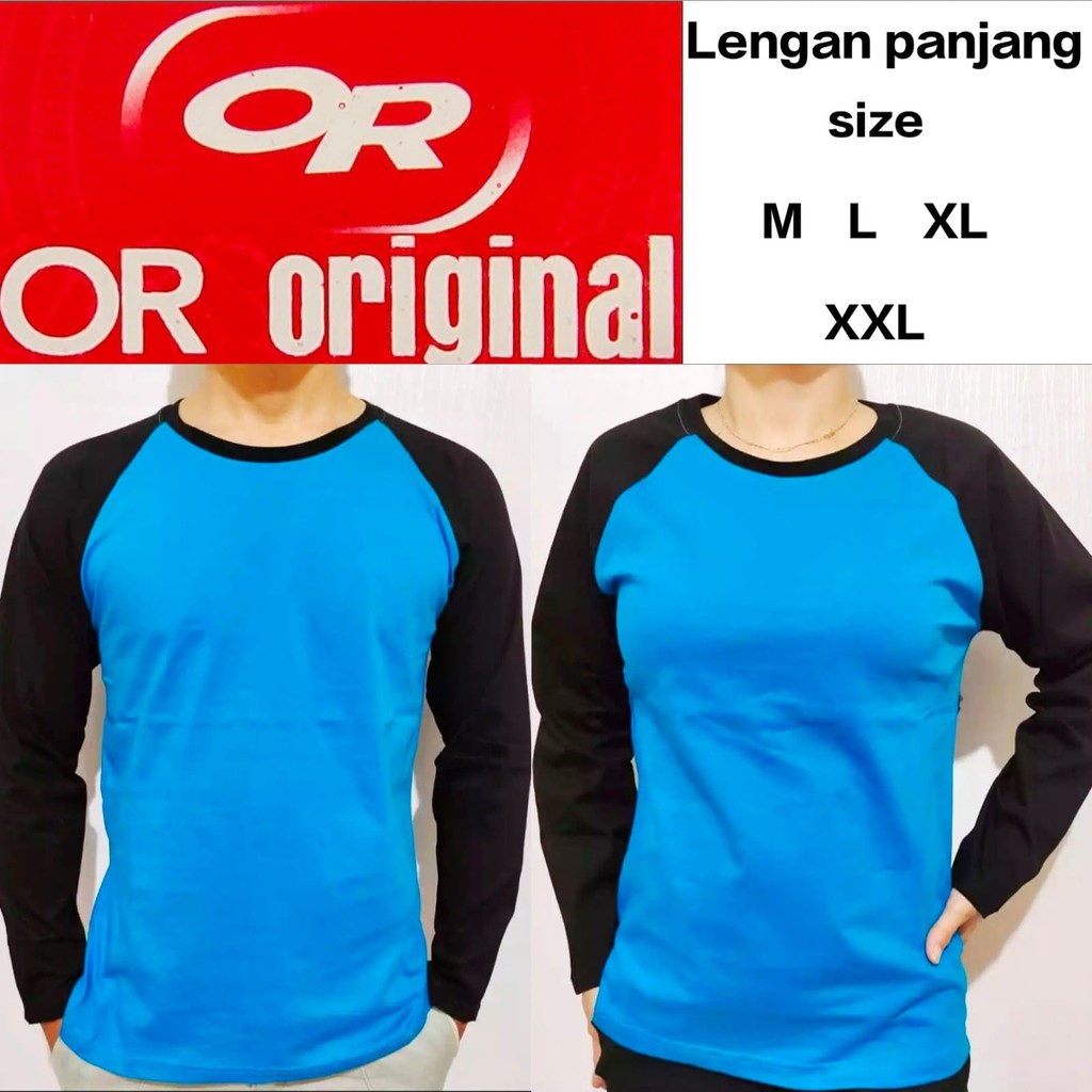 Kaos polos raglan biru turkis lengan hitam panjang M  L XL XXL