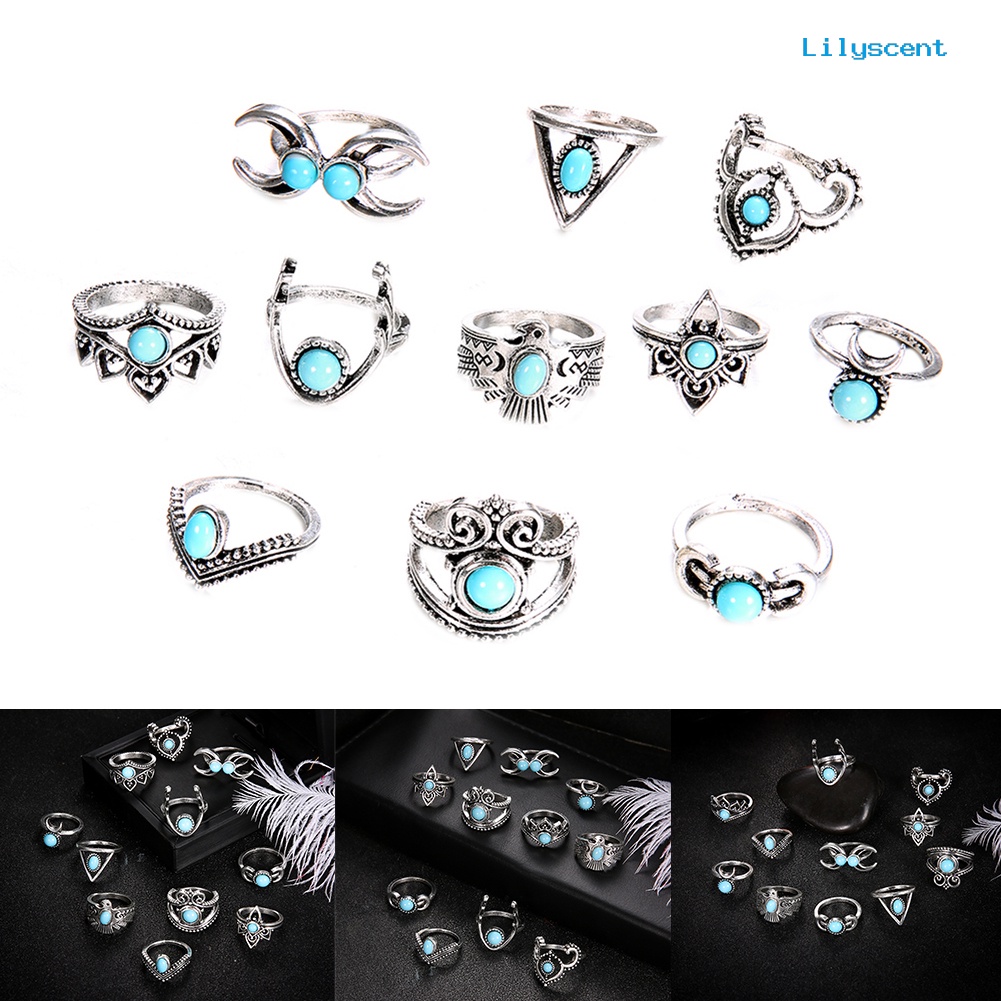 11pcs / Set Cincin Knuckle Turquoise Palsu Gaya Vintage Bohemia Untuk Wanita